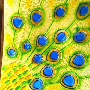 Decorative square bowl with peacock feathers.